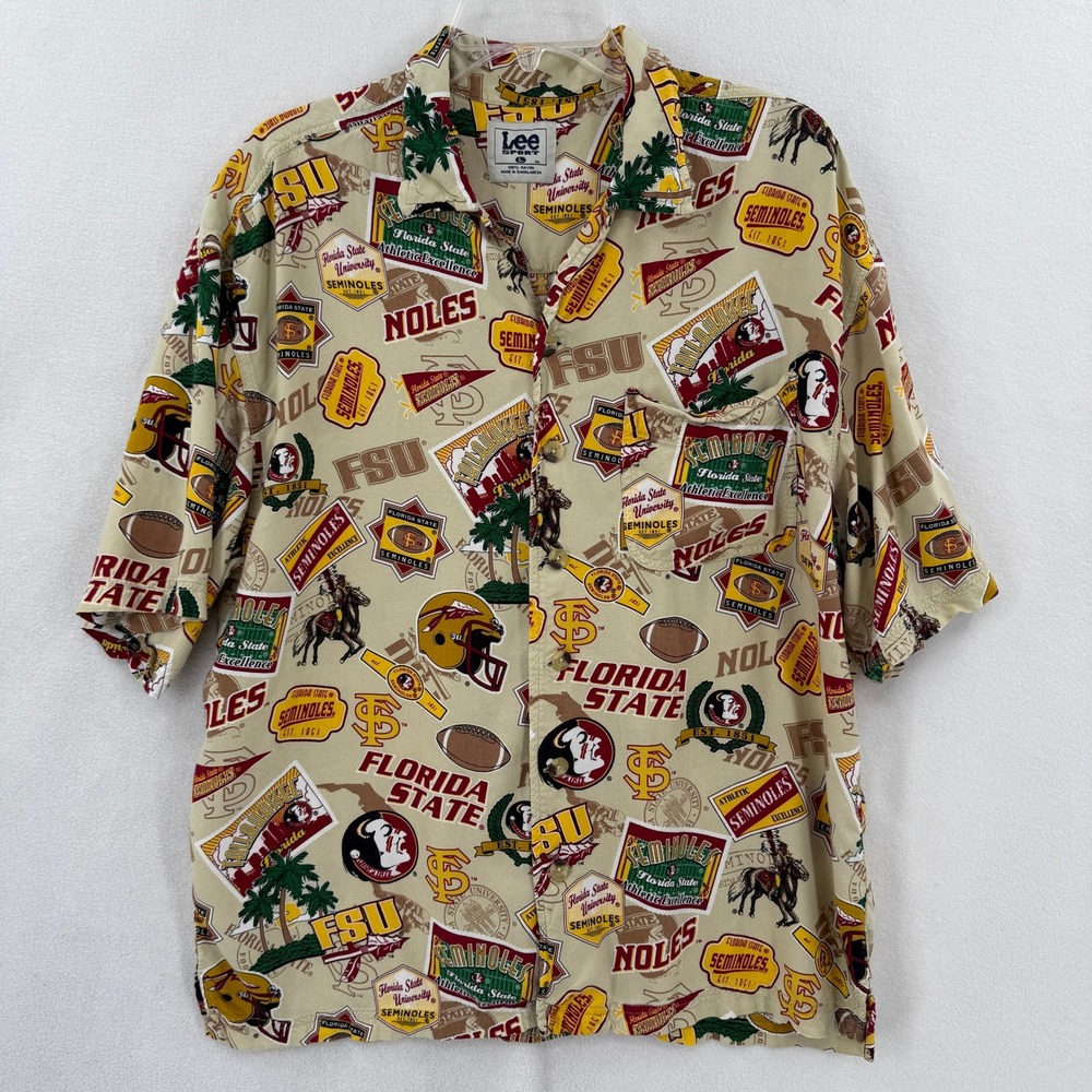 Lee Sport FSU Seminoles Shirt Mens L Tan AOP Camp Shirt Vintage 90s Hawaiian